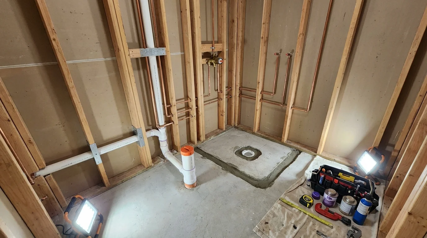 Bathroom rough-in plumbing during remodel by Johns Plumbing LLC in Scottsburg