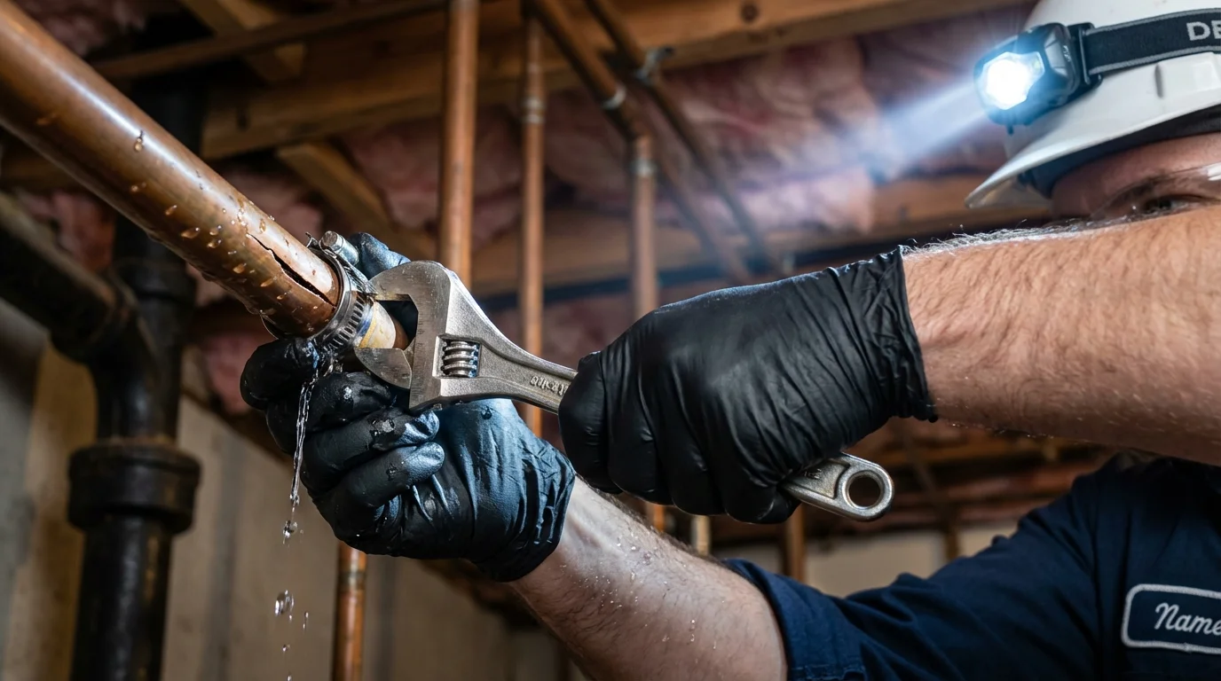 Emergency pipe clamp repair being performed by a Johns Plumbing LLC plumber in Scottsburg