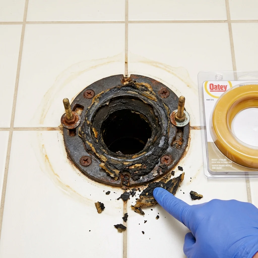 Failed wax ring showing water seepage at the base of a toilet in a Scottsburg, IN home