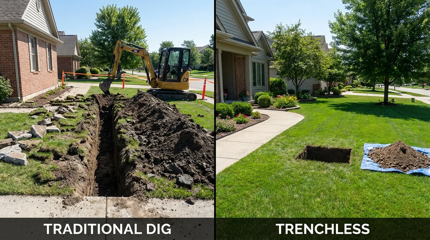 Trenchless sewer repair with minimal yard damage versus traditional excavation in Scottsburg, IN