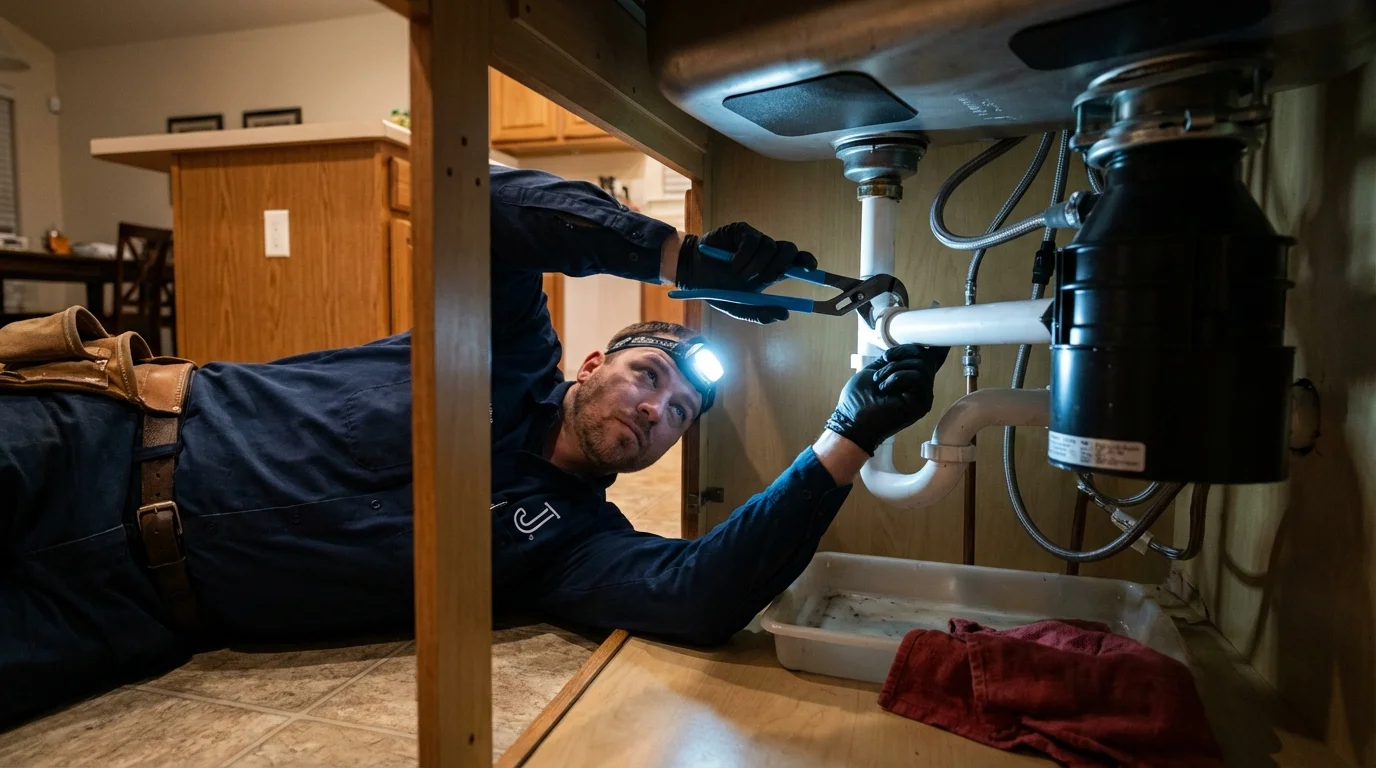 P-trap and supply line connections under a kitchen sink showing a common leak point in Scottsburg, IN